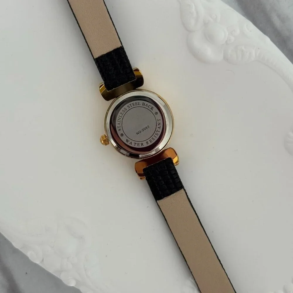 SKU:0130 vintage vibe retro gold black watch black leather strap + in a gift bag